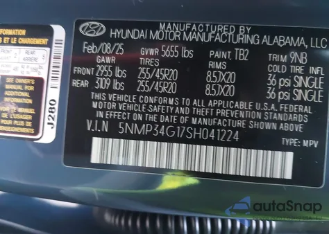 2025 Hyundai Santa Fe Hybrid Limited from USA, damaged, VIN 5NMP34G17SH041224